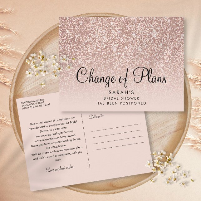 Ändring av Planer Bröllopsdusch Rose Guld Glitter Vykort (Change of Plans Bridal Shower Rose Gold Glitter Postcard)