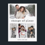Ändring av planer | Enkel skrivmaskin-text och fot Vykort<br><div class="desc">Den här enkla men snyggt multifotoraster bröllop-förändringen av planeringsdokument har svart skrivmaskinstexttypografi som säger "ändrad ritning" på en vit bakgrund, med plats för fyra av dina favoritfoton. En chic och elegant för att låta familj och vänner veta att du var tvungen att lägga om eller skjuta upp din ceremoni i...</div>