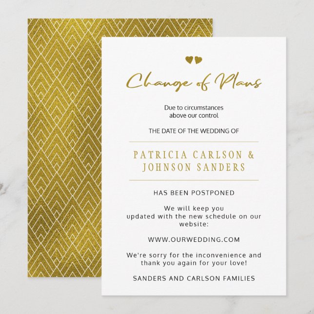 Ändring av planer uppskjutande av bröllopsmeddelan inbjudningar (Fram/baksida)