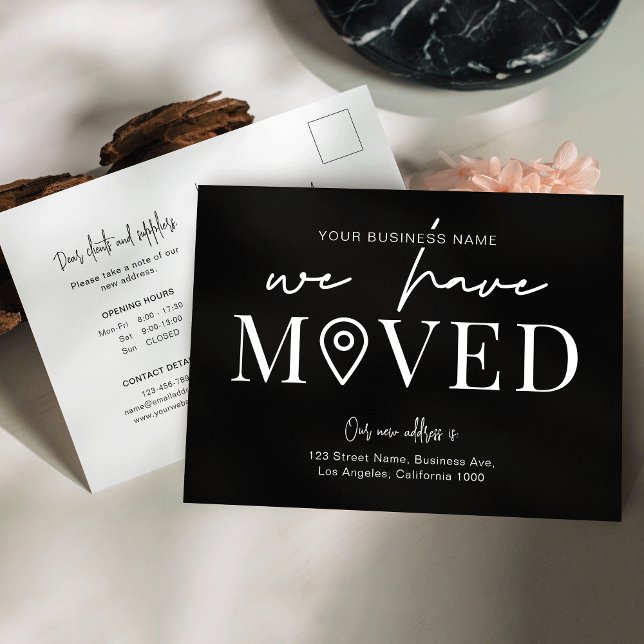 Ändring av Vi har flyttat Minimal Business Office  Vykort (Minimalist black office change of address announcement postcards with your logo)