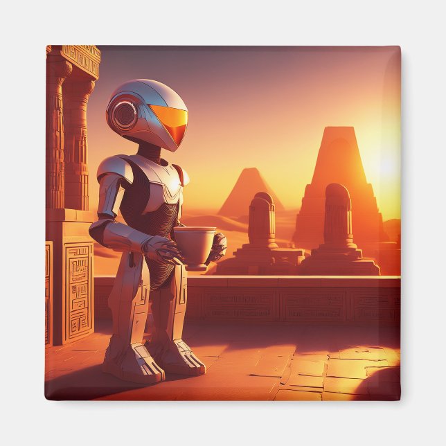 Android dricker kaffe och tittar på pyramiderna magnet (Framsidan)