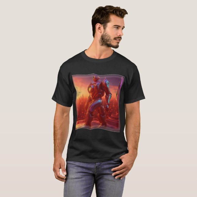 Android Marches Across Rooftop As He Watches City T Shirt (Hel framsida)