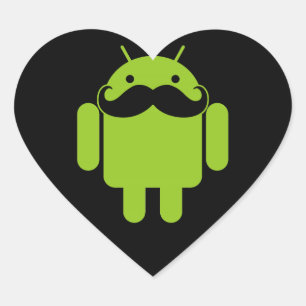 Android Robot Icon Mustache på Black Hjärtformat Klistermärke