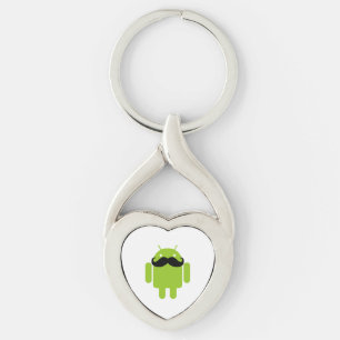 Android Robot Mustache Twisted Heart Silverfärgad Nyckelring