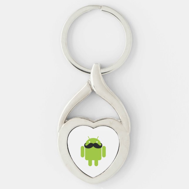 Android Robot Mustache Twisted Heart Silverfärgad Nyckelring (Framsidan)