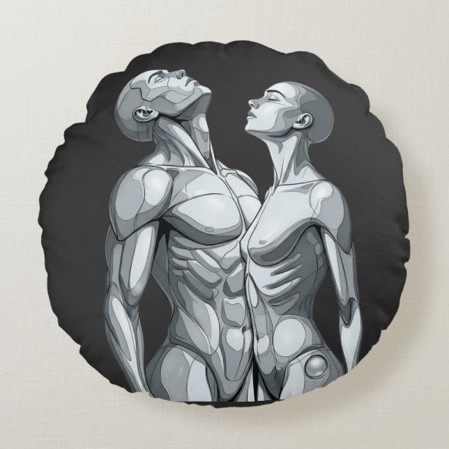 Android Union: Cyborg Couple Round Pillow Rund Kudde (Framsidan)