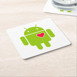 Androidrobotsymbol med en hjärta underlägg papper kvadrat