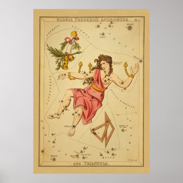 Andromeda - Vintagens astronomiska stjärndiagram Poster (Framsidan)
