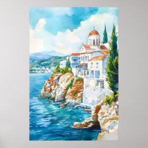 Andros Watercolor Vintage Resoraffisch Skidåkning Poster