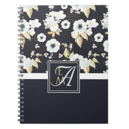 Anemon Anemone, svartvit Blommigt med monogrammet Anteckningsbok
