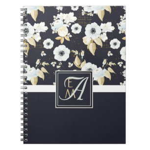 Anemon Anemone, svartvit Blommigt med monogrammet Anteckningsbok