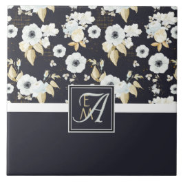 Anemon Anemone, svartvit Blommigt med monogrammet Kakelplatta