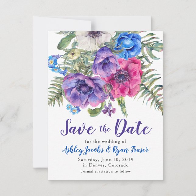 Anemone Bröllop spara datum Watercolor Blommigt Datumet (Framsida)