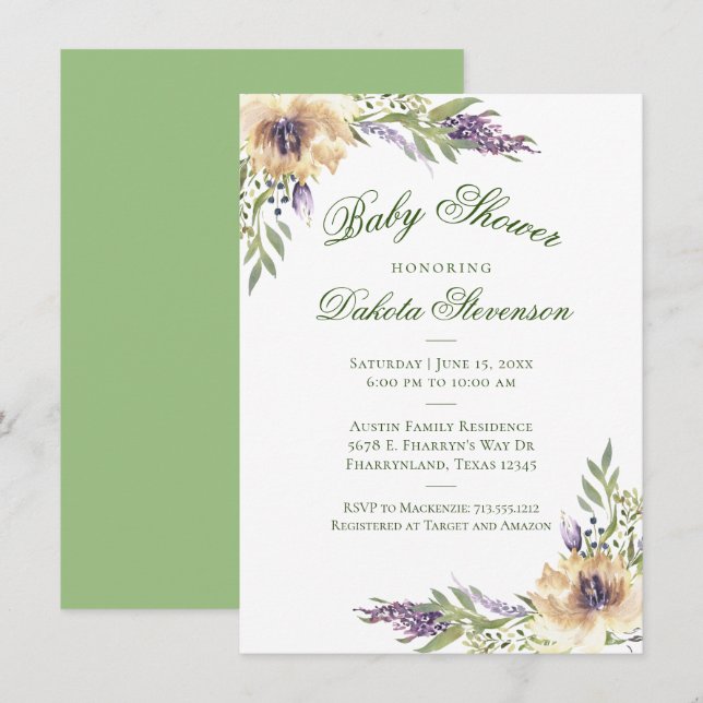 Anemone Greenery Blommigt Boho Chic Baby Shower Inbjudningar (Fram/baksida)