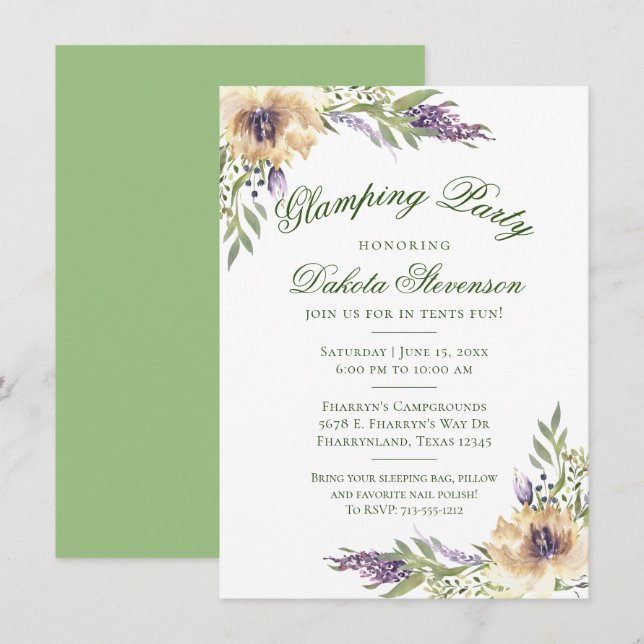 Anemone och Lavender | Blommigt Greenery Glamping Inbjudningar (Fram/baksida)