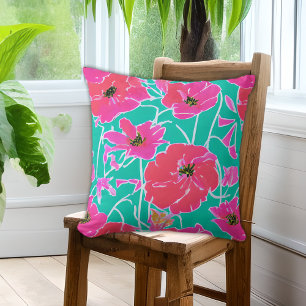 Anemone Painting Mönster Rosa & Aqua Blommigt Kudde