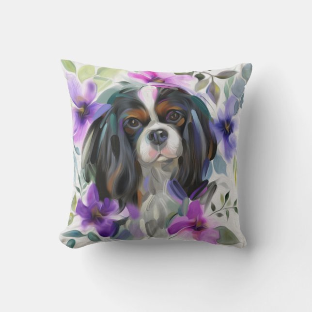 "Anemone" Tricolor cavalier hund art kudde (Framsida)