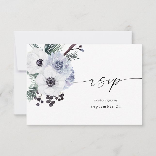 Anemone Vinter Vit Blommig med Måltid RSVP-kort OSA Kort (Framsida)