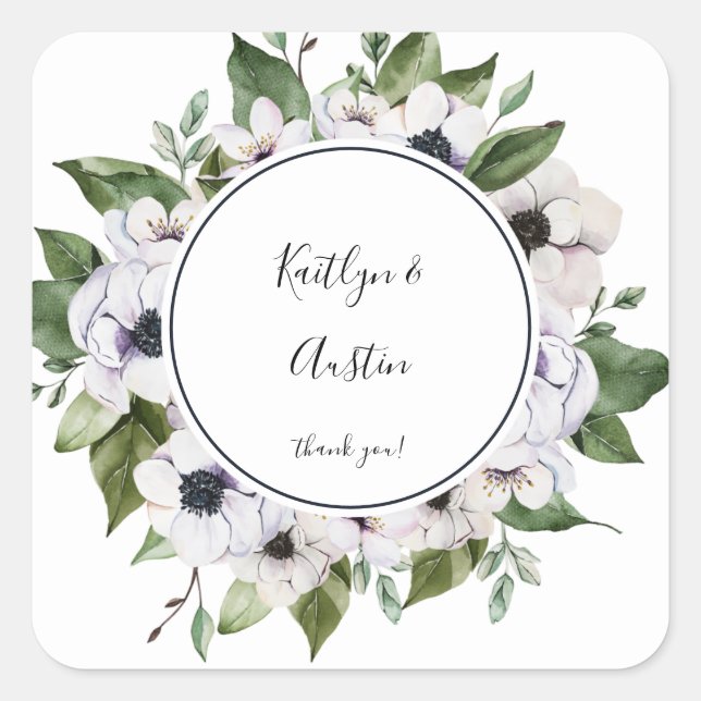 Anemone White Blommigt Tack Fyrkantigt Klistermärke (Framsida)