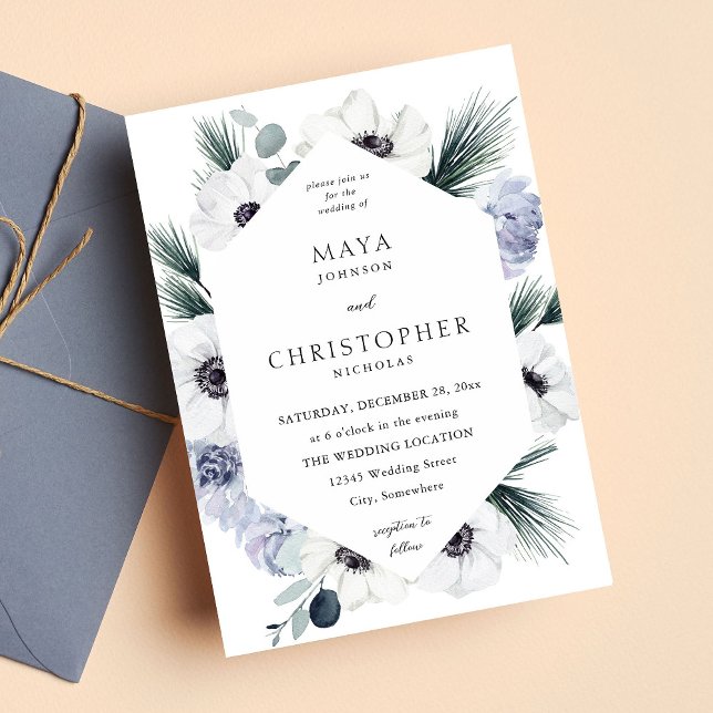 Anemone Winter White Blommigt Bröllop Inbjudningar (Skapare uppladdad)