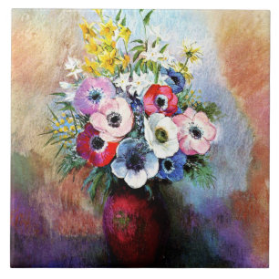 Anemoner, berömd-målning, av Odilon Redon Kakelplatta