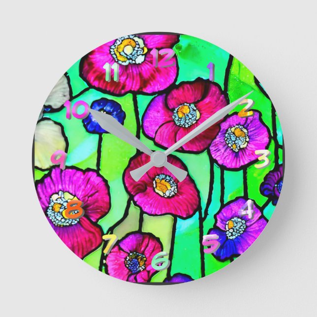 Anemoner glaskonst rund klocka (Framsida)