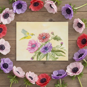 Anemoner och Gul Tangara Akvarell Vykort