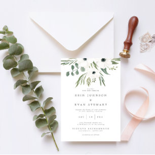 Anemoner Sage & Dusty Green Eucalyptus Bröllopsinb Inbjudningar