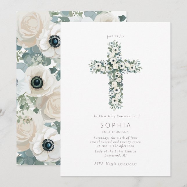 Anemones och Eucalyptus kor First Heliga Communion Inbjudningar (Fram/baksida)