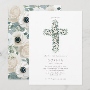Anemones och Eucalyptus kor First Heliga Communion Inbjudningar