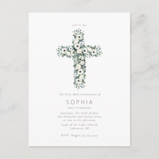 Anemones och Eucalyptus kor First Heliga Communion Vykort (Framsida)