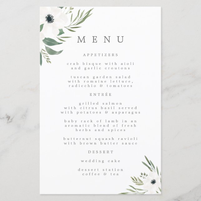 Anemones Sage & Dusty Eucalyptus Bröllop Menu (Framsida)