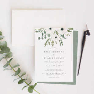 Anemones Sage & Dusty Grönt Eucalyptus Bröllop Inv Inbjudningar