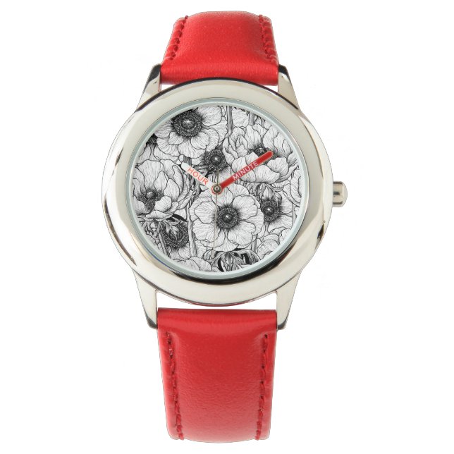 Anemonträdgård i svartvitt armbandsur (Framsida)