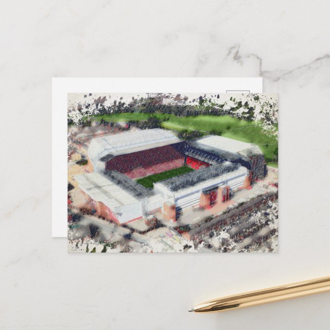 Anfield Stadium Liverpool - Artistic Watercolour Vykort (Fram/Back In Situ)