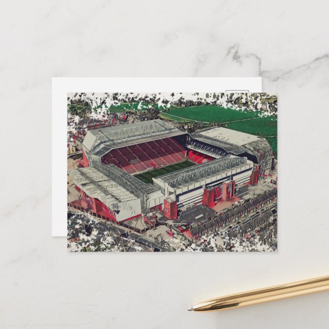 Anfield Stadium Liverpool - Artistic Watercolour Vykort (Fram/Back In Situ)