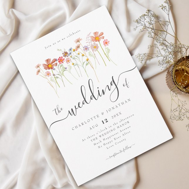 Äng med vilda blommor Elegant skrift Inbjudningar (Boho wildflower meadow elegant script wedding invitation Watercolor flowers fall colors)