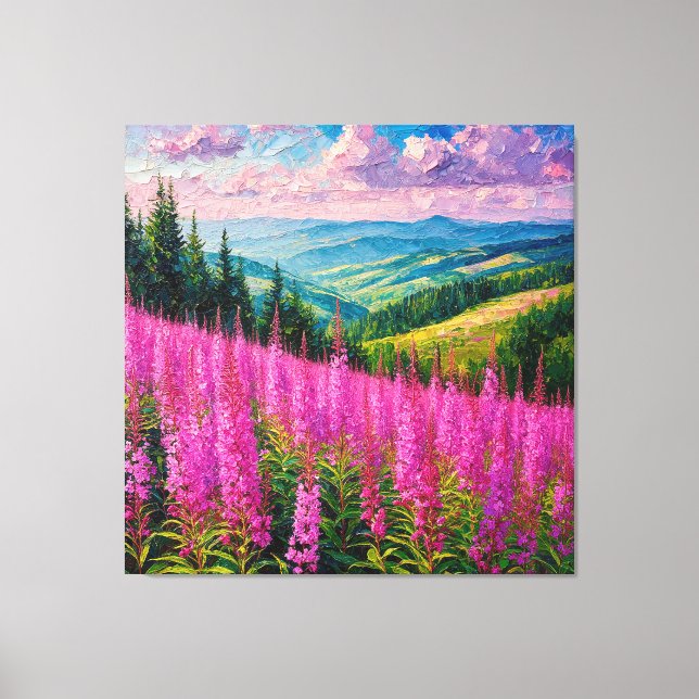Äng med vilda blommor och bergslandskap canvastryck (Framsida)