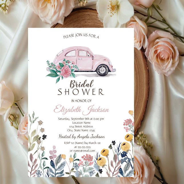Äng med vilda blommor Rosa bil Bröllopsdusch Inbjudningar (Skapare uppladdad)