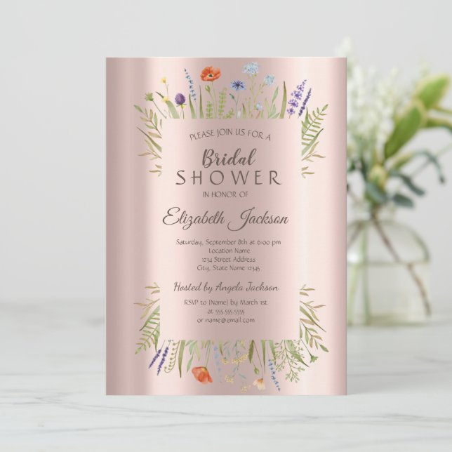 Äng med vilda blommor Rosa Guld Bröllopsdusch Inbjudningar (Stående Fram)