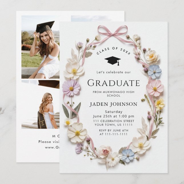 Äng Vildblomma Boho 4 Foto Examenfest Inbjudningar (Fram/baksida)