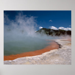 Ånga som stiger från Champagne Pool vid WAI-O-TAPU Poster