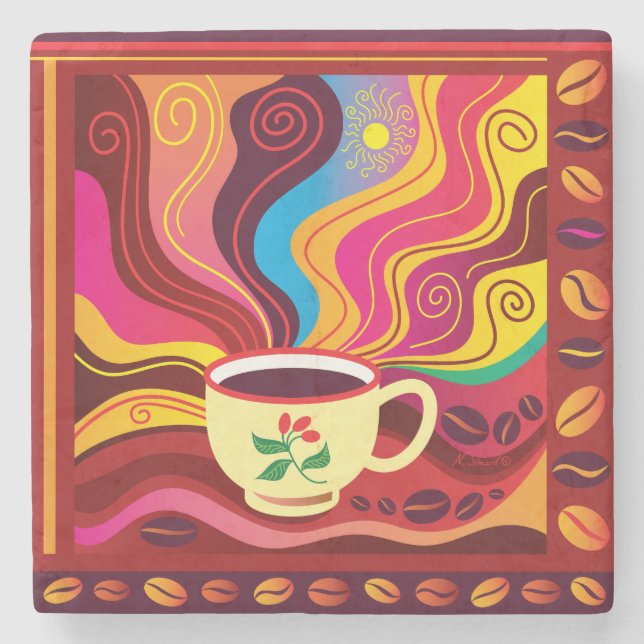 Ångande kaffekopp-mönster stenunderlägg (Framsidan)