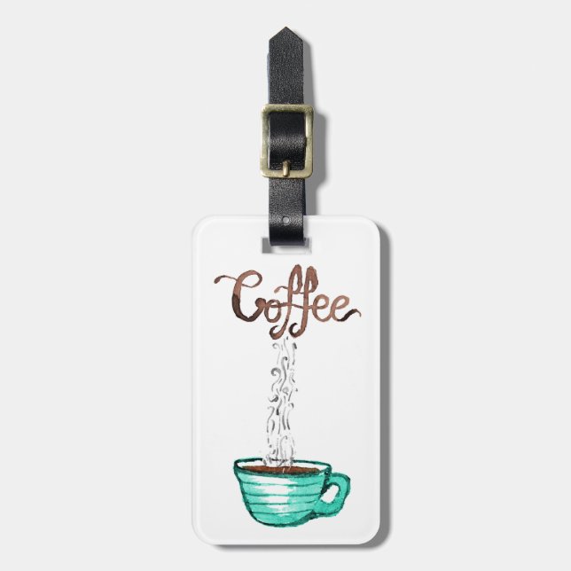 Ångande kopp för gullig vattenfärg av kaffe bagagebricka (Vertikal Framsida)