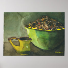 Ångande morgoncuppa kaffeskål kaffebönor poster