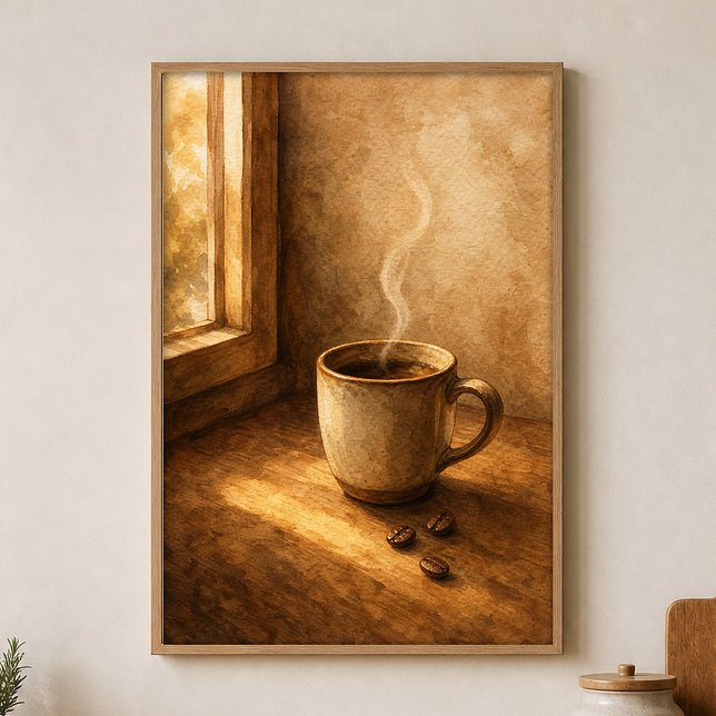 Ångande Mugg vid Fönstret Akvarell Poster (Shown framed for scale. Poster ships unframed; frames are an optional add-on.)