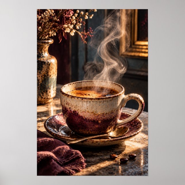 Ångande Rustik Kaffekopp – Mysigt Morgonkaffe V Poster (Framsidan)