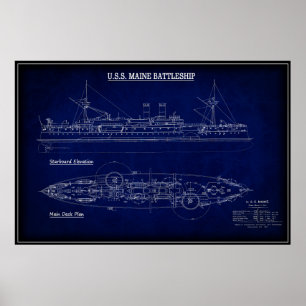 Ångbattleshöft USS MAINE Blueprint 1894 Poster