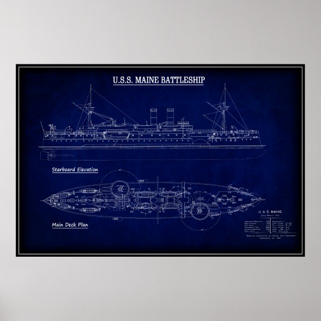 Ångbattleshöft USS MAINE Blueprint 1894 Poster (Framsidan)
