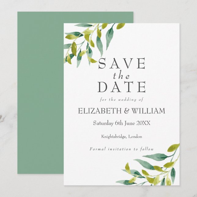 Ängblad Grönska Spara datum Kort (Fram/baksida)